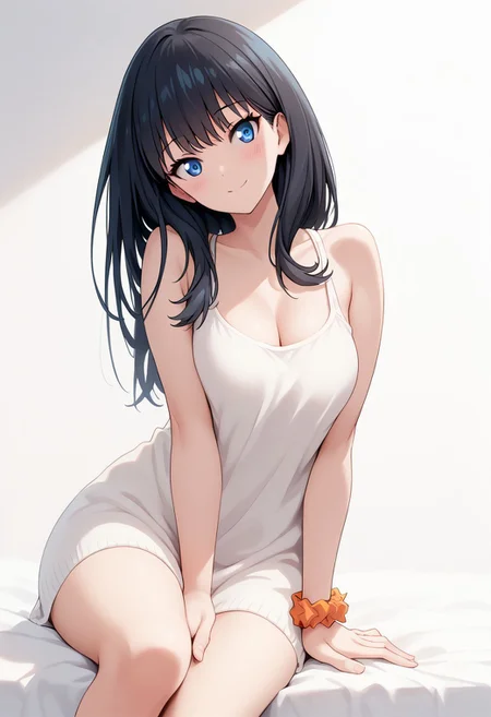 (score_9, score_8_up, score_7_up)(masterpiece, best quality, extremely delicate, beautiful, highres, original), 1girl, Takarada_Rikka, black hair, solo, blue eyes, wrist scrunchie, long hair, men's thigh-length white shirt perky breasts, cleavage, pretty face, art by mooncryptowow, looking at viewer, smile, blush, bare shoulders, closed mouth, whithout background