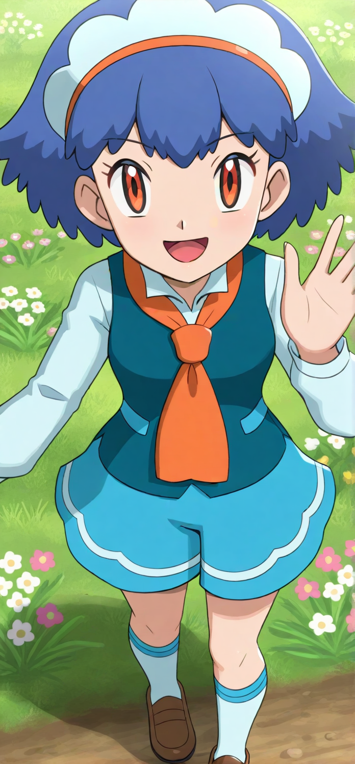 [hinosaki, pokemoa, gonzarez], 2d, masterpiece, best quality, amazing quality, 1girl, solo, close-up, standing, open mouth, smile, looking at viewer, meadow, ,xymiette, miette \(pokemon\), orange eyes, blue hair, short hair, headdress, vest, collared shirt, long sleeves, skirt, orange necktie, kneehighs, white socks, loafers, brown footwear