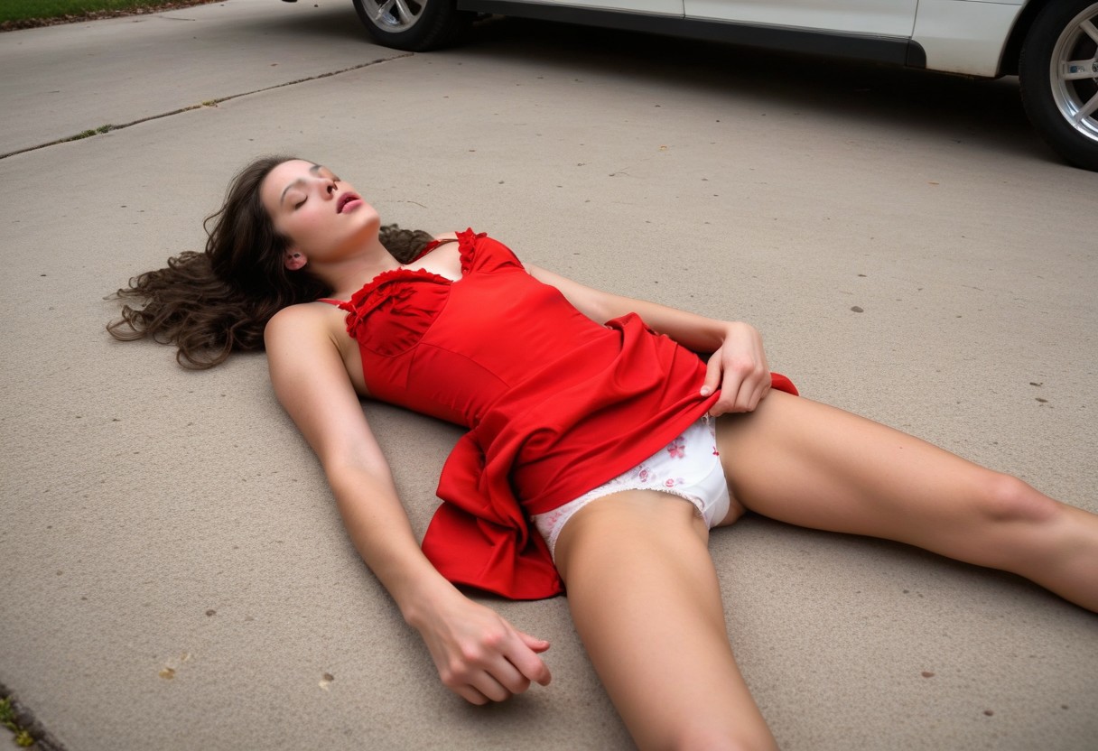 score_9_up, score_8_up, score_7_up, score_6_up, 1girl, solo, shocking alarming explicit invasive passed out college girl, unresponsive at house party, low angle, horizontal, on floor, detailed, disheveled, vulnerable, passed out, unconscious,  (full body shot:1.3), hyperrealistic, realistic, hdr, highres, laying (sprawled out:1.1), unnatural disturbing position, (nighttime:1.4), sleeping, (slack jawed:1.1), face up, vulnerable, (disheveled:1.1), (amateur:1.2), (realism:1.3), (realistic:1.2), real life, photorealistic, detailed, cocktail dress, dress pulled down, bra, (panties askew:1.4), pubic hair visible, sfw, unflattering, humiliating, degrading, legs spread, appalling abuse photo, camera flash,