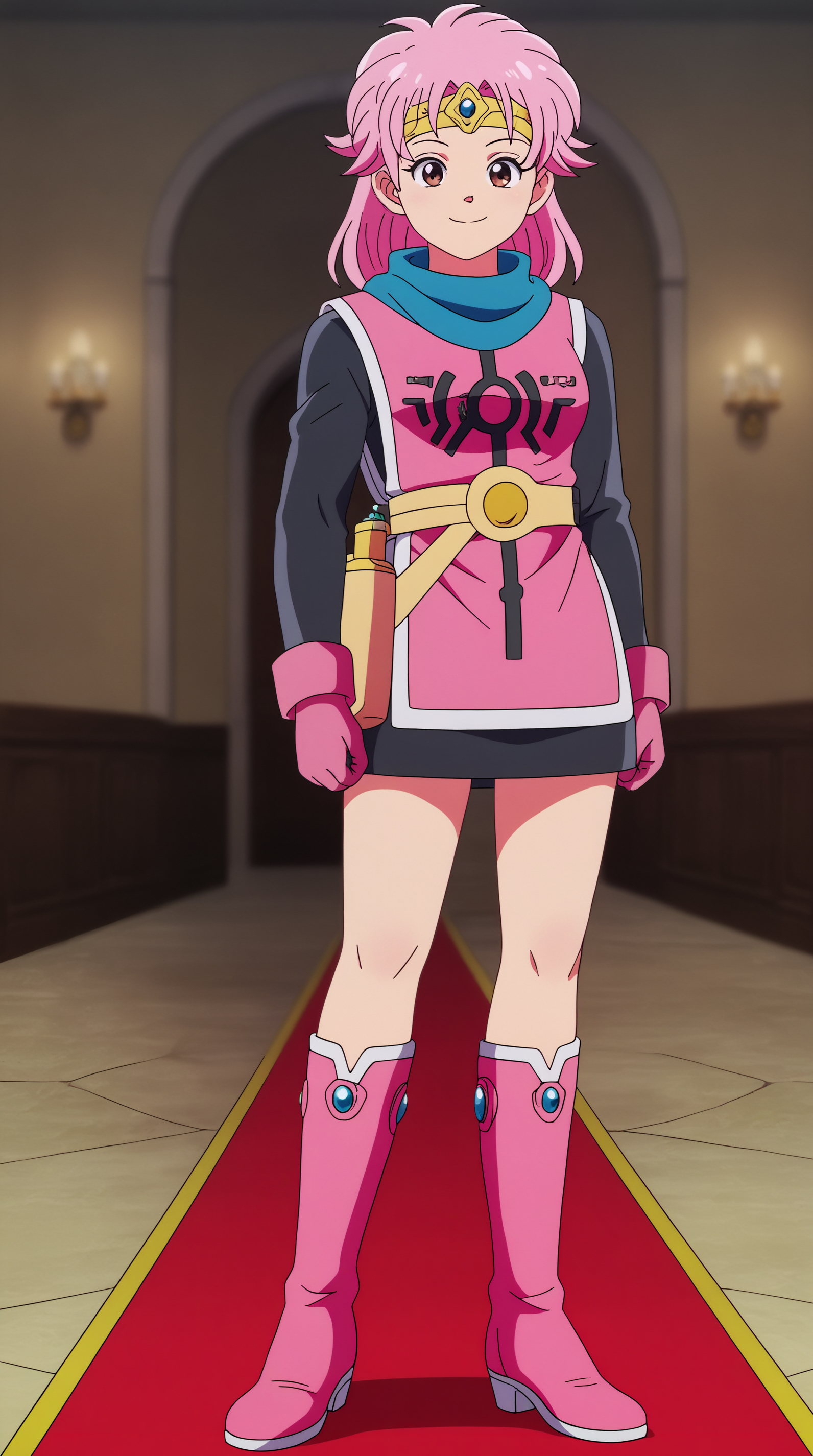 score_9, score_8_up, score_7_up, best background, detailed background, 4k, upscale, anime_source,  Maam, Main Outfit, solo, looking at viewer, smile, standing, full body, knee boots, red carpet  <lora:JN_Maam_Pony:0.8>