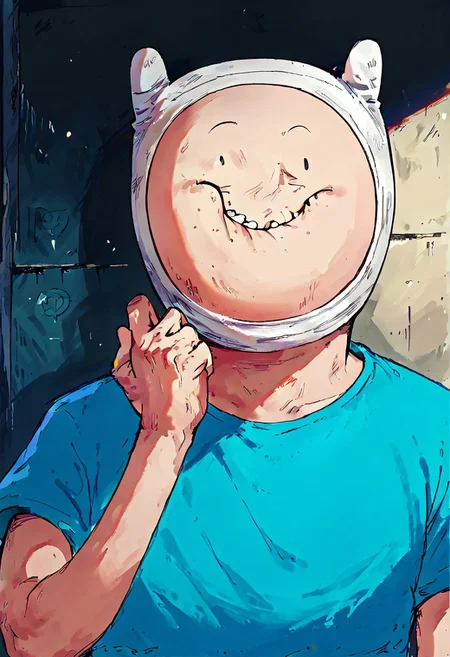 score_9, score_8_up, score_7_up, MEATMAN f1nn4,1boy,finn the human,adventure time,solo, portrait,smile, face punch,<lora:Adventure_Time_Style_LORA:1> dot eyes, blue shirt