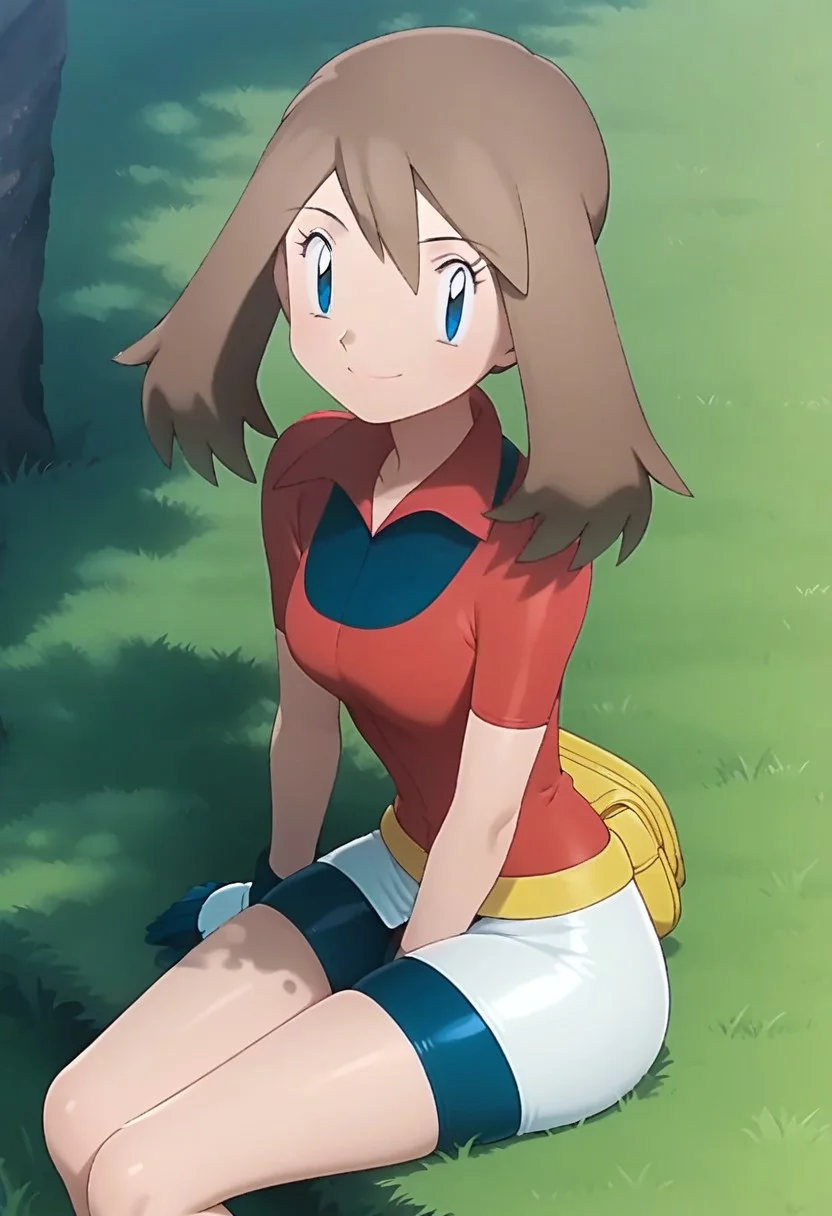 score_9, score_8_up, score_7_up, source_anime, anime screencap, 1girl, pokemon_may, brown hair, medium hair, bangs, blue eyes, no headwear, red collared shirt, gloves, yellow fanny pack, white skirt, cycling shorts, smiling, closed mouth BREAK outdoors, grassy, day, sitting on grass, looking at viewer