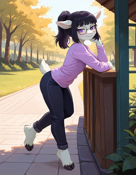 masterpiece, best quality, very aesthetic, absurdres,
outdoors,
full body, seductive smile, parted lips, long eyelashes,
<lora:Tala_v01_NAIXL:1>
T4l4,1girl,solo,furry,furry female,black hair,animal ears,ponytail,blunt bangs,purple eyes,glasses,snout,animal nose,body fur,white fur,tail,hooves,