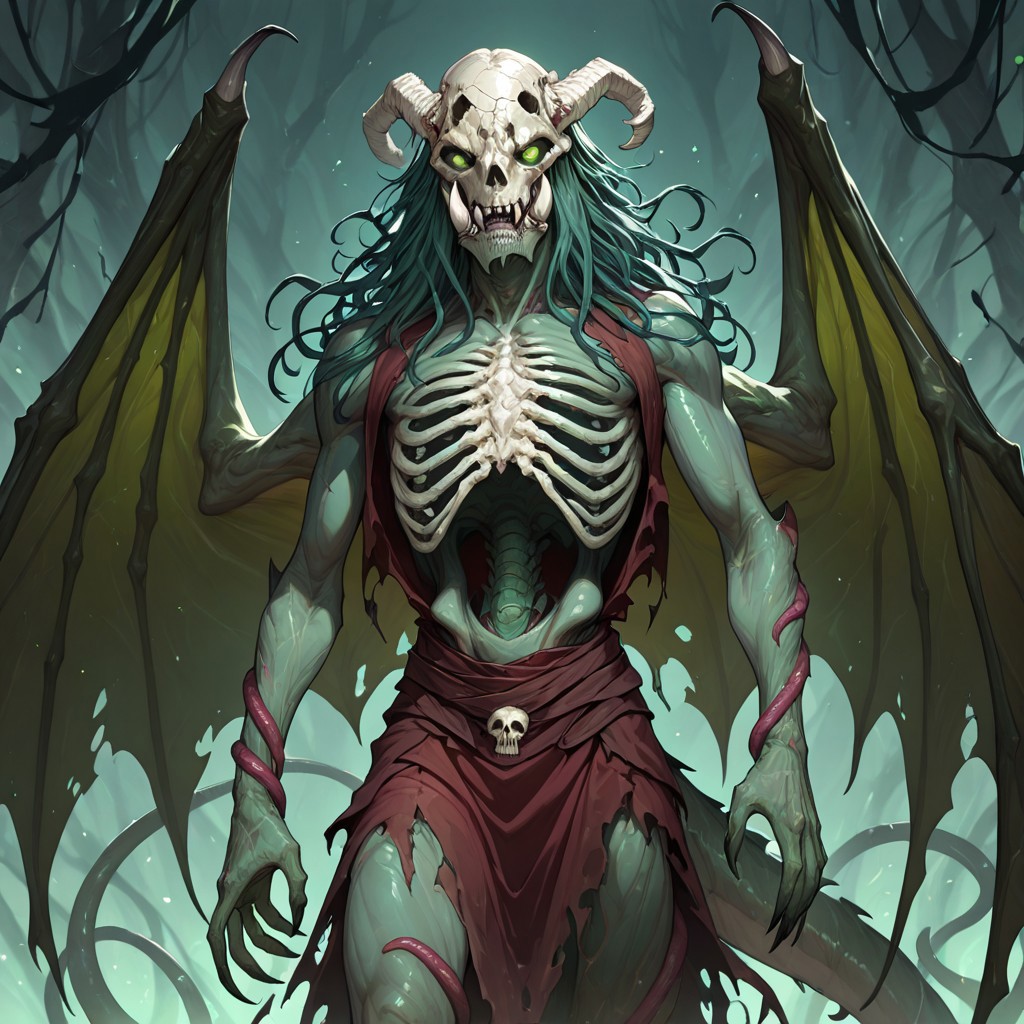masterpiece, best quality, newest, absurdres, highres, 
HFMV1.0, 1boy, monster, monster boy, eldrich, eldrich horror, tentacles, green skin, green colored skin, tusks, fangs, sharp teeth, wings, demon wings, tail, demon, demon boy, unead, zombie, ribs, skull,