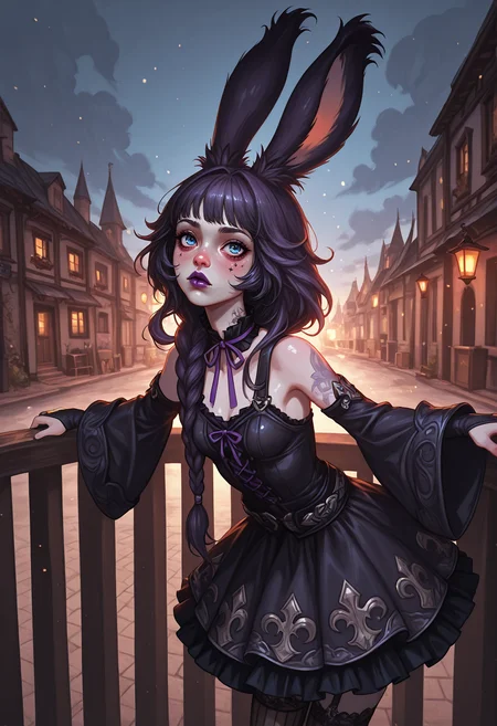 IllustriousQual BREAK realistic, ambient occlusion, ray tracing, (dynamic angle:1.2), (cowboy shot) BREAK 1girl, solo, viera, <lora:anti_human_ears:0.6> dark lavender hair, long braid hair with hair tie, rabbit ears, blue eyes, (beige skin:1.2), slender body, thin thighs, short stack, small breasts, perfect hands, colored lips, (hopeful), BREAK wearing sleeveless Greek key quilted brown hide winter coat, refined oversized fleur-de-lis print laced (detailed white fabric sundress), neck ribbon, bridal gauntlets, wide sleeves, ruffled skirt, coloured trim, damask dark white linen seamed ribbed socks, garter, anklets, medium red_grey hide sandals, BREAK fantasy, outdoors, fantasy town square, plaza, wattle and daub buildings, clay streets,, lanterns, urban details, well,clouds, standing, leaning forward, , outstretched arms, against railing, winter, early morning, soft light, long shadows, <lora:reij-va:0.6> reoj-va, red vibrant grading, volumetric lighting BREAK <lora:reij-rt:0.6> <lora:semirealistics:0.6> semi-realism, <lora:4rc4n3XLP:0.5> 4rc4n3, <lora:PixelstyleIL:0.7> JedpxIL, pixel style <lora:GBF_Illustrious:0.6> gbf_style