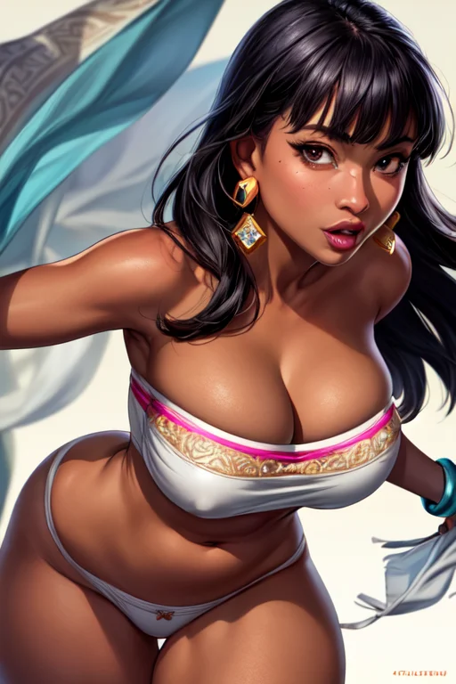 <lora:chel-10:0.7> chel, 1girl, solo, long hair, breasts, looking at viewer, bangs, large breasts, black hair, navel, cleavage, bare shoulders, brown eyes, jewelry, underwear, panties, thighs, earrings, dark skin, blunt bangs, bracelet, dark-skinned female, lips, strapless, thick thighs, curvy, tube top (masterpiece:1.2), (best quality), (ultra detailed), (8k, 4k, intricate),highly detailed:1.2),(detailed face:1.2), (detailed background),detailed landscape, (dynamic angle:1.2), (dynamic pose:1.2), <lora:more_details:0.5>