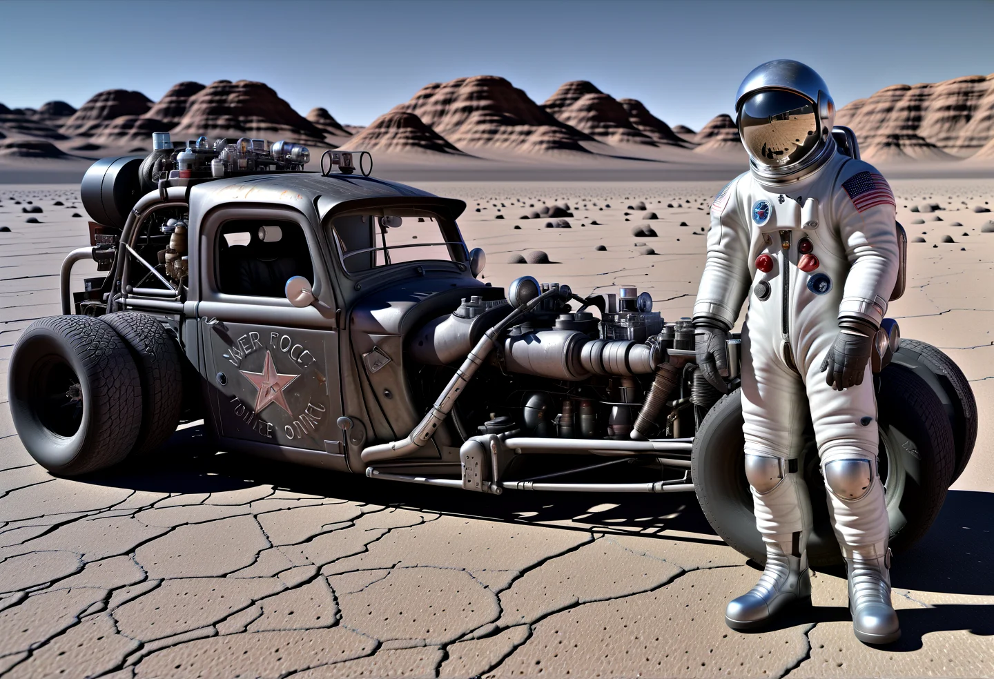 a astronaut standiny next to a rat_rod, a lonley highway on the moon, hyper detailed, highly intricate, ,,