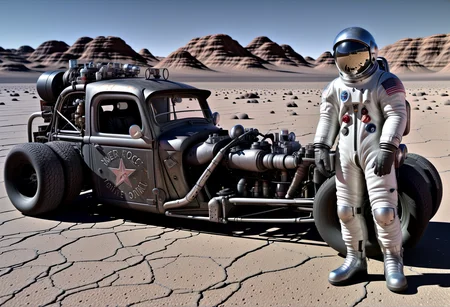 a astronaut standiny next to a rat_rod, a lonley highway on the moon, hyper detailed, highly intricate, ,,