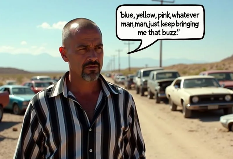 Tuco salamanca, breaking bad, A short gangster Mexican man, shaved head, stubble, wearing a black and white diagonal striped full sleeved shirt, standing in a car scrapyard in the middle of a desert talking to viewer, with a speech bubble on top with the exact text "blue, yellow, pink. whatever, man. just keep bringing me that buzz". The text should exactly be "blue, yellow, pink. whatever, man. just keep bringing me that buzz", with no spelling mistakes, text is legible and clear