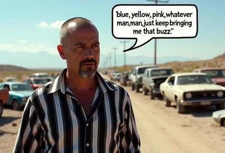 Tuco salamanca, breaking bad, A short gangster Mexican man, shaved head, stubble, wearing a black and white diagonal striped full sleeved shirt, standing in a car scrapyard in the middle of a desert talking to viewer, with a speech bubble on top with the exact text "blue, yellow, pink. whatever, man. just keep bringing me that buzz". The text should exactly be "blue, yellow, pink. whatever, man. just keep bringing me that buzz", with no spelling mistakes, text is legible and clear