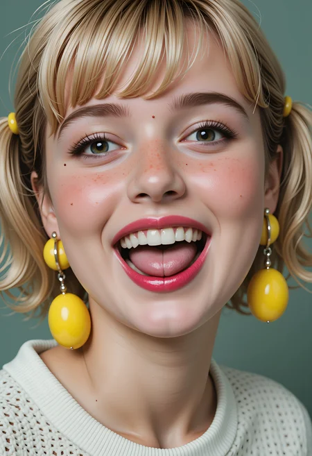 (monica woman:1.2), beauty shot, (breathtaking closeup portrait of beautiful monica:1.2), (amazind detailed cute face, erotic eyes, snub nose, blonde hair, pixie bob hair, perky grinning, winking, one eye clothed, tongue out, looking at viewer, blush, freckles, mole on face, lipstick, kissable lips, kinky big yellow plastic earrings, plastic brooch:1.2) masterpiece of art:1.2), highest quality, 32k, intricate details, <lora:flux_monica_woman_fictional_epoch_5:0.85>, , , , ,