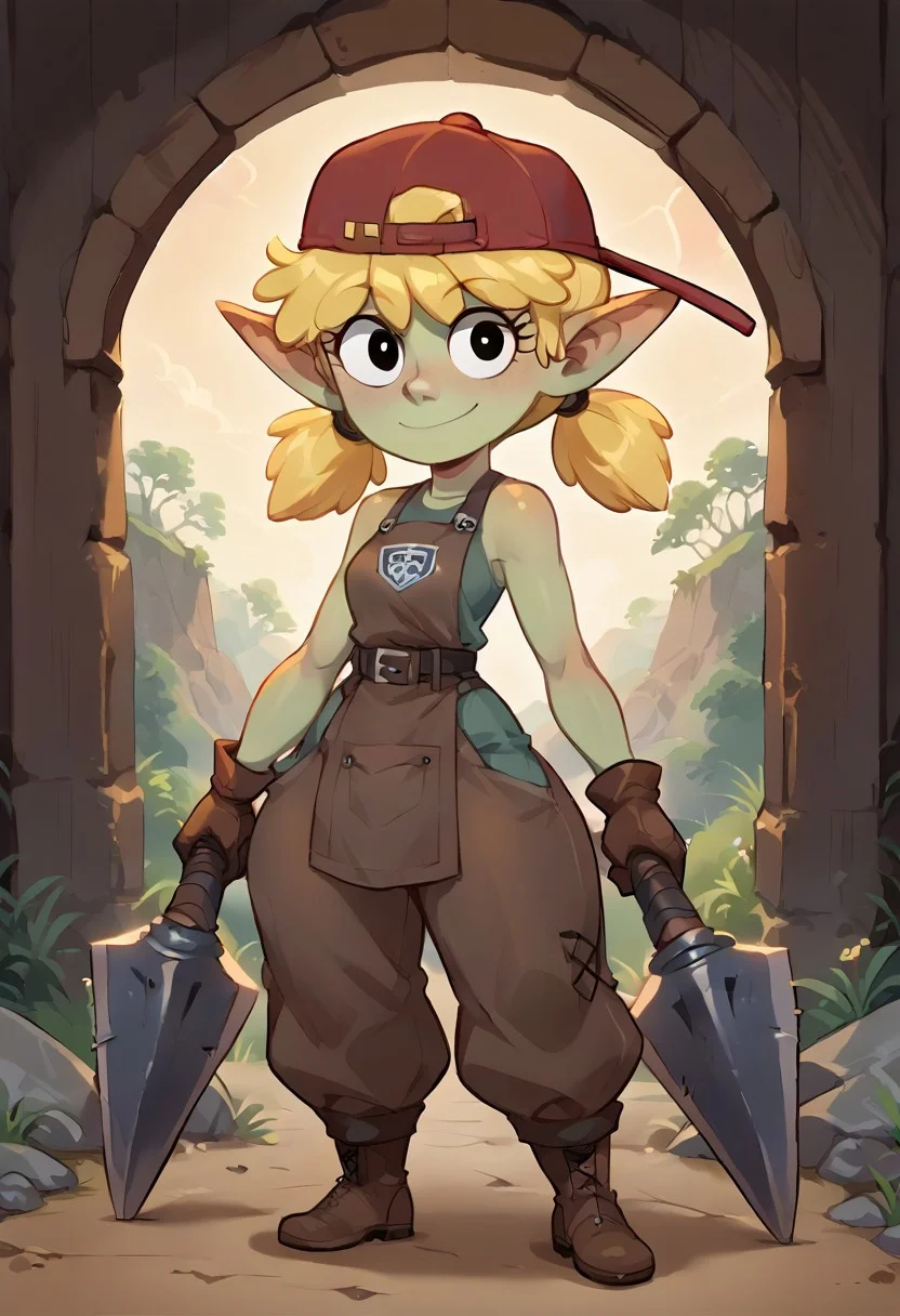 (score_9, score_8_up, score_7_up, score_6_up)
(masterpiece, best quality, very high quality, ultra detailed: 1.2)
(2D,show accurate)(Huffslove_Style:0.7)
(source_anime,not furry,source_furry)
(solo,alone)(25 yo,mature female)
(Perfect Hands,Perfect Eyes:1)
(indoors,cavern,blacksmith's forge,wood stove lit by fire,artifitial light)
(looking at viewer,smile)((holding a war hammer))
(4 fingers,short stack,goblin,green skin,long pointy ears)
(Knight Armor:1)
(fantasy mechanic)
(undershirt,blacksmith apron,bare arms and shoulders,brown gloves,leather belt,baggy pants,worker boots)
(Lana loud:1)(short hair, blonde hair,twintails, bangs, black eyes, cartoon eyes)
(red headwear, backwards hat)
(muscular arms,small breasts,small waist,wide hips,thick thighs,huge butt,thick calves,short legs)