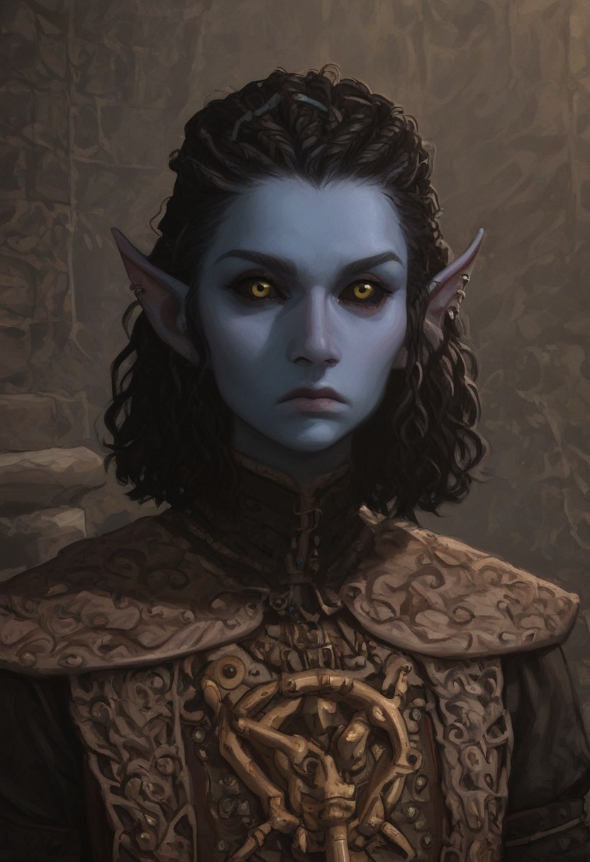 solo, short pointy ears, piercings, random elf face, aquiline features, androgenous dark elf, weathered skin, large nose, insect chitin armor, insect chitin helmet, insect chitin ornaments, stylized insect pattern, athletic build,  animated realism, zoomed out, Syrian features, torso, brass pipes and gears, intricate architecture, dwarven masonry, dwemer fixtures, white-green light, gloomy lighting, ancient ruins, interior, stone tiled floor, grey-blue skin, mahogany and ivory clothes, medium armor, bone plate armor, ivory straps and fittings, alien bone ornaments, grey wood neckguard, dark red sclera, black pupils, distant mushroom forest, blue-green light, neon, highly detailed, defined features, looking at viewer, three quarters view, from front, dynamic lighting, 18 years old, light and shadows, patterned cloth, annoyed expression, expressive eyes, detailed medieval clothes, small_breasts, short hair, wavy hair, thick hair, beaded hair, braided hair, under cut hair, semirealistic, alien elf, spanish features, jewish features, black hair, dark red hair, umber skin, sharp features, pastel green inuit print cloak, nighttime, high detail, absurdres, pretty eyes, detailed eyes, yellow eyes,