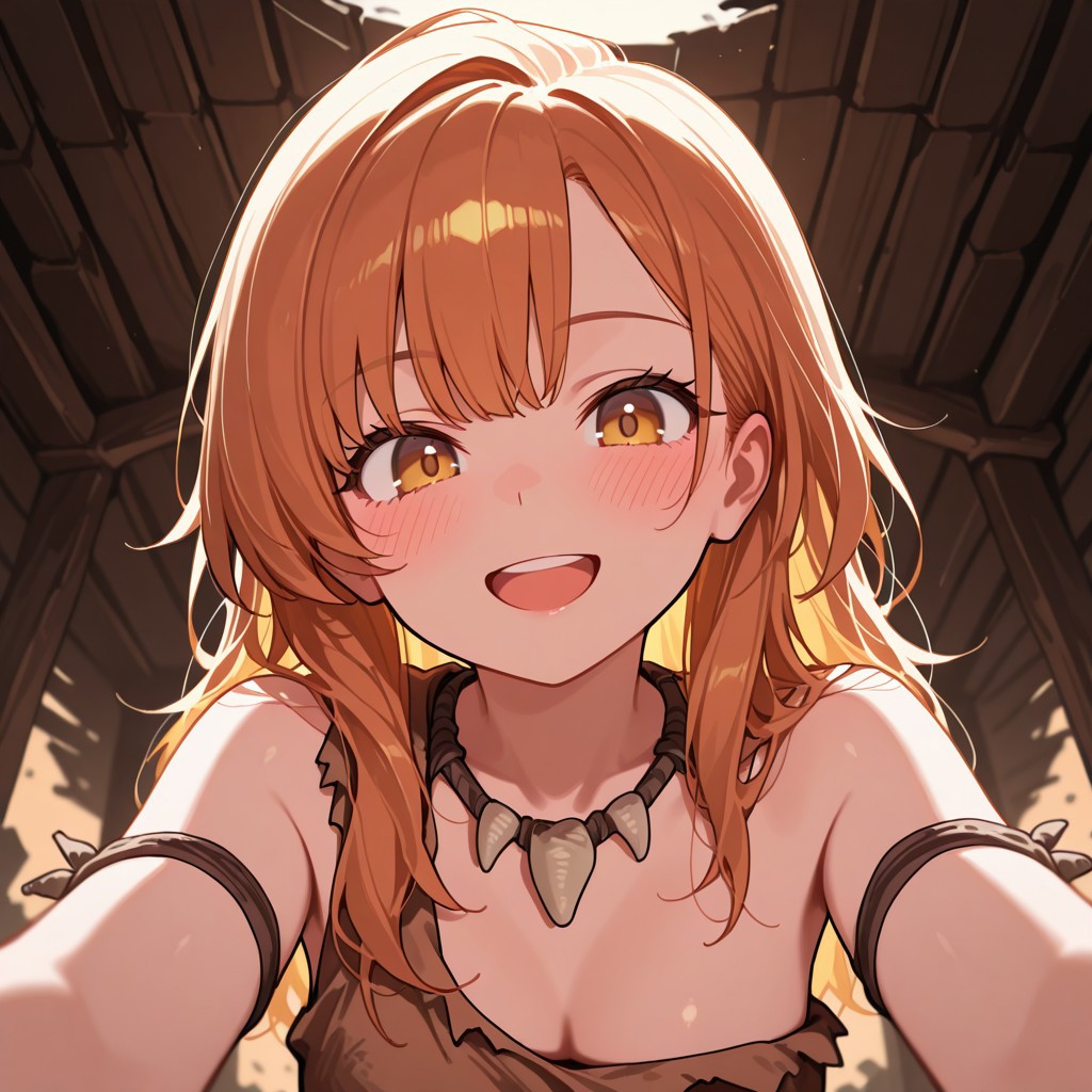 masterpiece, best quality, 32k, high resolution, absurdres, cavewoman, 1girl, solo, POV, looking at viewer, blush, smile, open mouth, upper teeth only