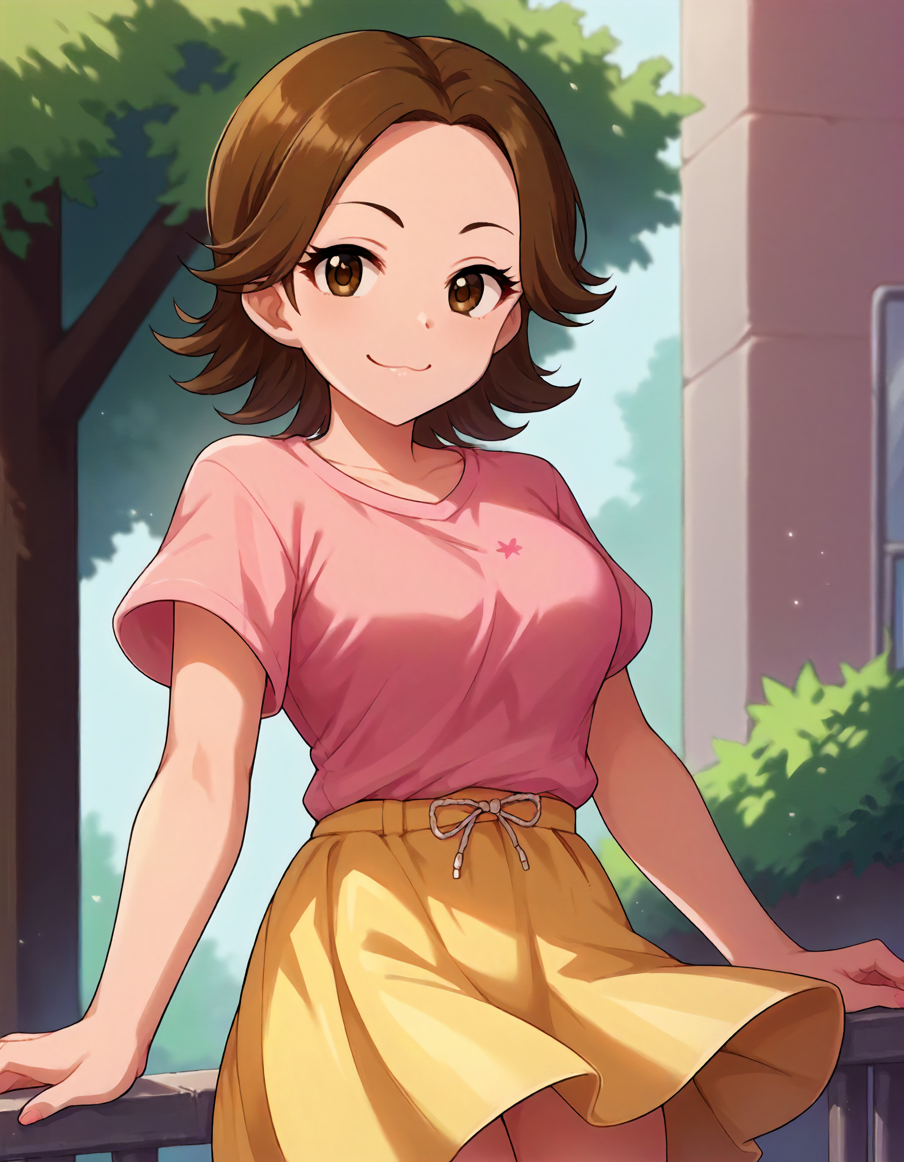score_9,score_8_up,score_7_up,1girl,solo,cowboy shot,smile,looking at viewer,outdoors,<lora:ohtayuu_ponyXLV6:0.8>,cgotay,
brown hair,short hair,forehead,brown eyes,
pink T-shirt,yellow skirt