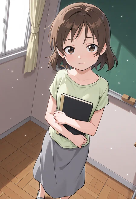 best quality, amazing quality, perfect quality, high quality, masterpiece, absolutely eye-catching BREAK
<lora:Ika_Musume_-_Aiko_Saitou:1> IkaAiko, brown eyes, brown hair, short hair, wispy bangs, small breasts BREAK
green t-shirt, short sleeves, grey skirt, long skirt, grey flats BREAK
indoors, school, classroom, chalkboard, window, curtains, light particles BREAK
1girl, solo, hugging book, head tilt, light smile, looking at viewer, dutch angle, from above