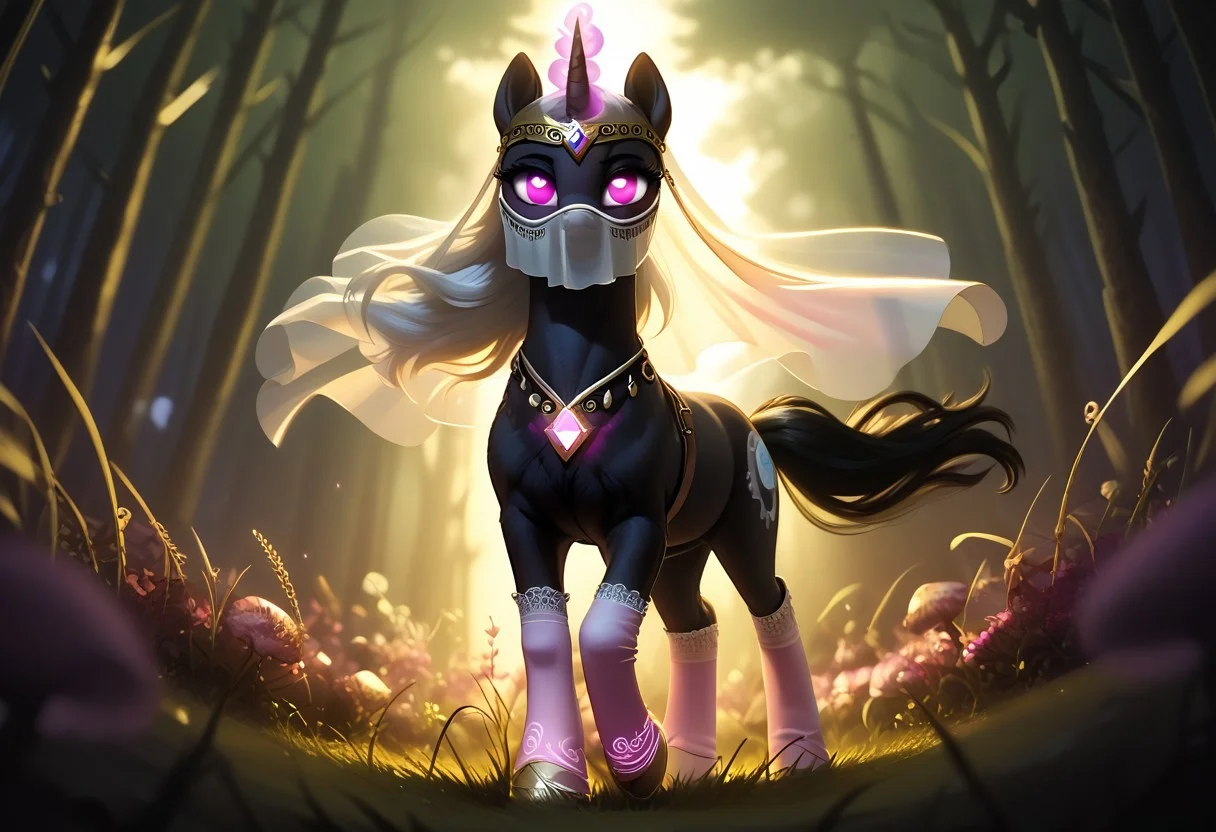 score_9, score_8_up, score_7_up, score_6_up, score_5_up, score_4_up, source_pony, BREAK  
front view, standing at an angle, unicorn, black fur, white mane, white tail, flowing in wind, looking at viewer, pink eyes, glowing eyes, pink magic aura, clothed feral, white legwear, veil, glowing amulet, magical forest, purple light, backlit, low key, sidelight, silhouette, depth of field, blurry foreground, dark-grasshrooms