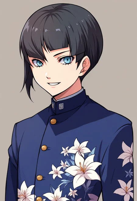 score_9, score_8_up, score_7_up, source_anime BREAK solo, 1boy, smile, <lora:SmtV-Protag-pdxl_Fp-000008:1>, smtvprotag, bob cut, blunt bangs, black hair, blue eyes, school uniform, floral print, long sleeves, single sidelock, androgynous, <lora:zs_ZeroAzurePortraitsXL:1>, zeroazureportraits, upper body, simple background,