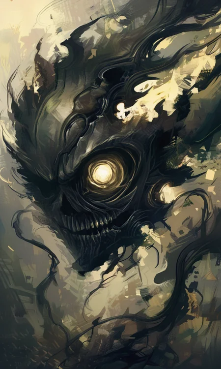 A dark ominous and surreal digital painting of a swirling vortex with a glowing eye at its center surrounded by chaotic abstract shapes. The color palette is dominated by dark greens and blacks with a hint of yellow light. <lora:- NAI - PdJ_highres_counterweight_V.2.0-step00021000:0.7> <lora:- NAI - ac_illustration_V1.0-step00011000:.4>