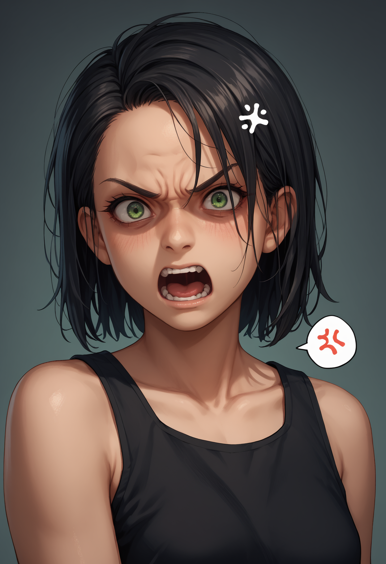 score_9, score_8_up,score_7_up, source_anime, 1girl, solo, <lora:trllsdr_pdxl_EliPot:1> swtrsu, medium hair, black hair, green eyes,
 black tank top, portrait, shaded face, angry, screaming, anger vein, spoken anger vein,