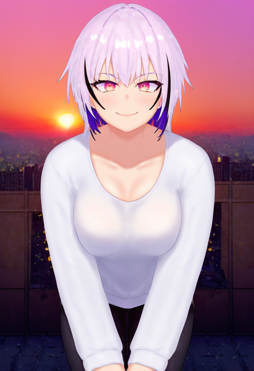 score_9, score_8_up, score_7_up, source_anime, solo, 1girl, <lora:eddarxart_Style:1>, <lora:hand 5.5:1>, seductive smile, closed mouth, looking at viewer, colored hair, leaning forward, multicolored clothes, thick thing , sunset background, city, roof,  sky,