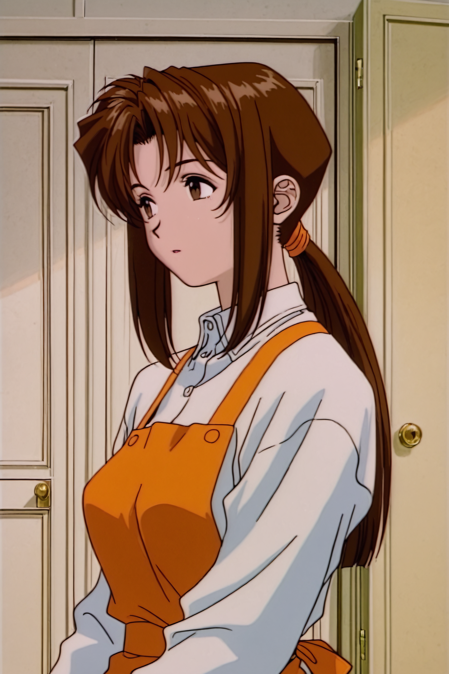 Chie,1girl,solo,brown hair,apron,brown eyes,door,shirt,long sleeves,indoors,white shirt,ponytail,1990s \(style\),upper body,looking to the side,portrait,
<lora:Golden Boy_illustriousXL:1>,