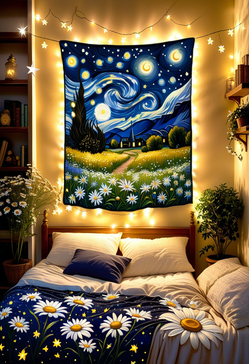 renaissance style impressionist painting of an enchanting nightscape, daisies bloom under under a tapestry of stars, daisy petals adorned with celestial patterns, fireflies dance among them like shooting stars, warm moonlight casts an ethereal glow, casting a magical glow upon the nocturnal garden, inspired by Van Gogh's 'The Starry Night'
 . realistic, perspective, light and shadow, religious or mythological themes, highly detailed