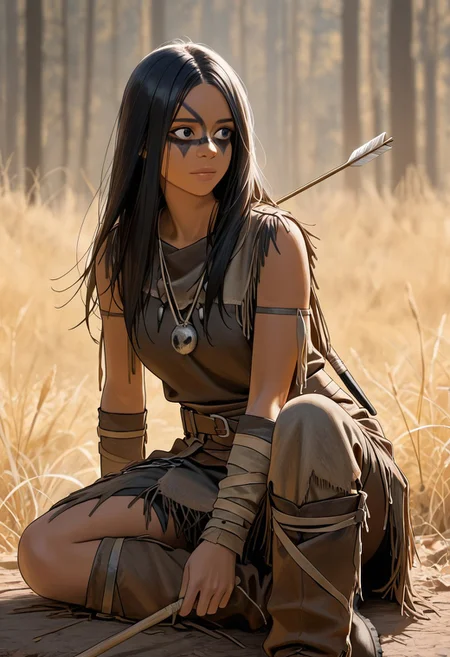 , (score_9, score_8, score_7), masterwork, masterpiece, best quality, beautiful face, detailed face, beautiful eyes, detailed eyes, naru01,1girl, long black straight hair, dark skin, black war paint across eyes and nose, white vertical face stripe, tribal leather outfit, brown sleeveless leather top, rough torn leather skirt, leather belt, fringed leather arm wraps, fringed leather leg wraps, leather boots, tomahawk in hand, bow and arrows on back, tribal necklace with round pendant, realistic body, native warrior style