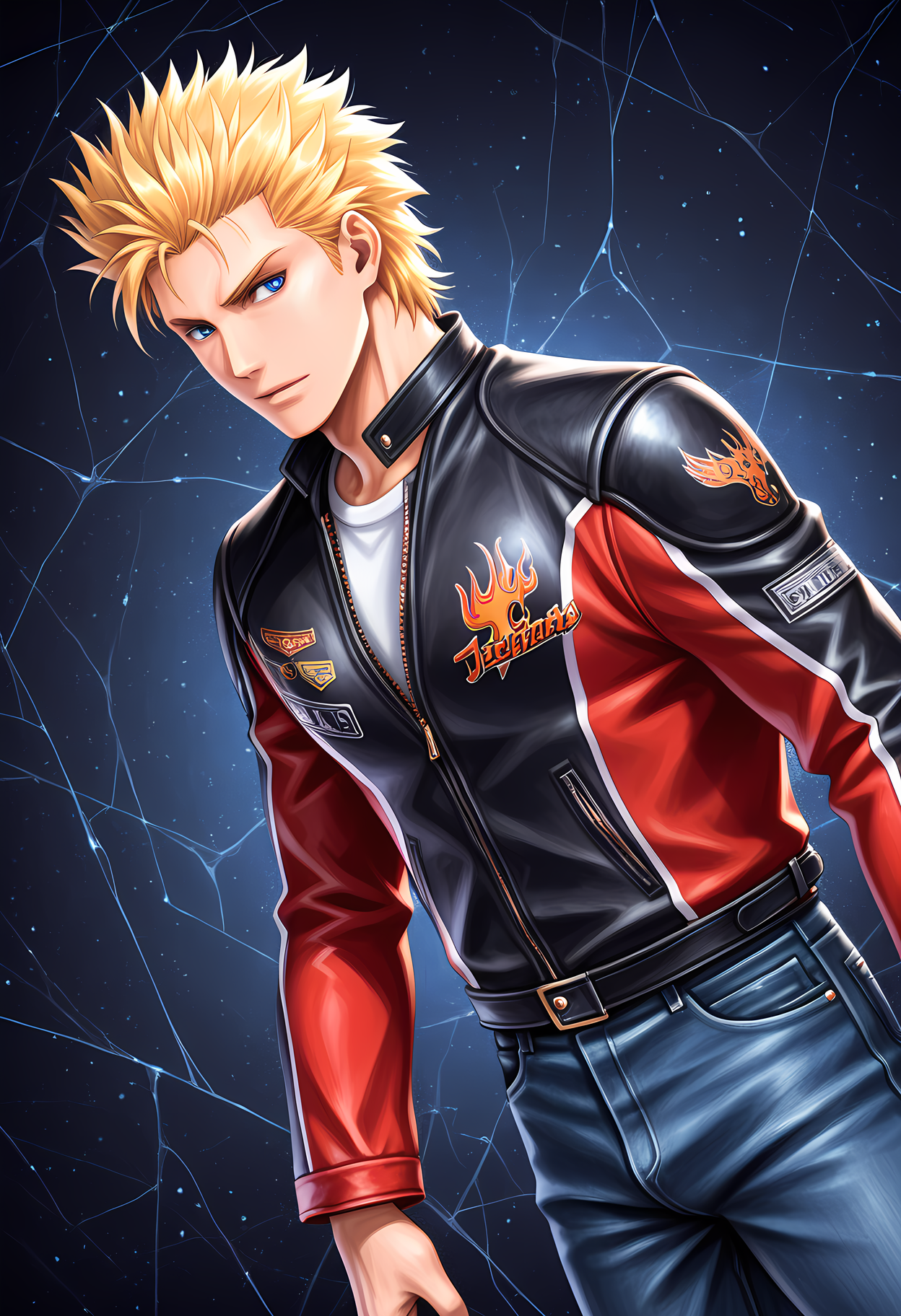 masterpiece, best quality, amazing quality, dutch angle, abstract background, BREAK
solo, male focus, 1boy, vf_jacky, blonde hair, blue eyes, biker jacket, jeans, BREAK
 <lora:cfg_scale_boost:.6>  <lora:Jacky_Bryant_-_Virtua_Fighter_-_ILXL:1>
