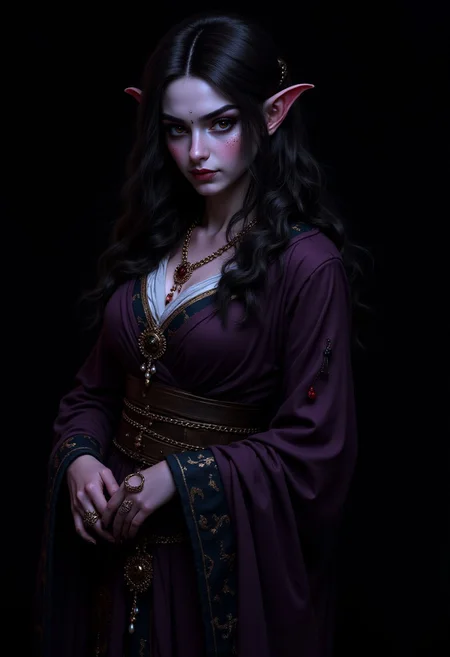 female, elf, ((dark blue skin)), black hair, burgundy eye color, black eye sclera, layered clothing, waist-high, black background, woman, drow, viking, shaved temples, full body shot, masterpiece, best quality, 1girl, extremely beautiful,Long deep black wavy hair, medium large breasts, slender body, curvy, deep purple skin, wearing nordic clothes, mystic jewelry, model pose, perfect composition, ((Simple Empty Plain black hypnotic aura chaos Background)), seductive smirk, cute, very pretty, sexy, subtle, simple, close up, female, elf, (dark blue skin), black hair, burgundy eye color, black eye sclera, layered clothing, waist-high, black background, drow