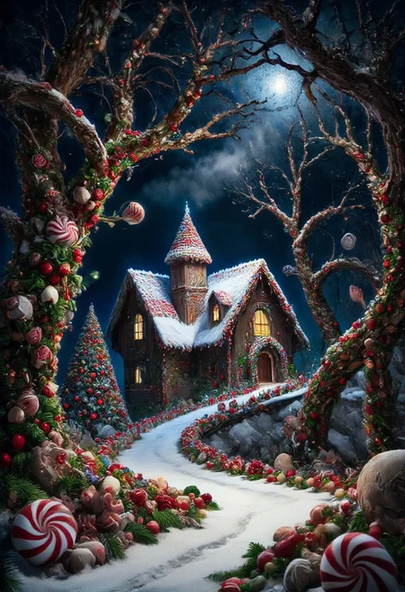 dark forest, twisted candy cane trees, ominous red and white stripes glowing faintly, snow-covered gumdrops scattered across the ground, licorice vines hanging from branches, a haunted gingerbread house in the distance, glowing peppermint windows, eerie mist swirling around