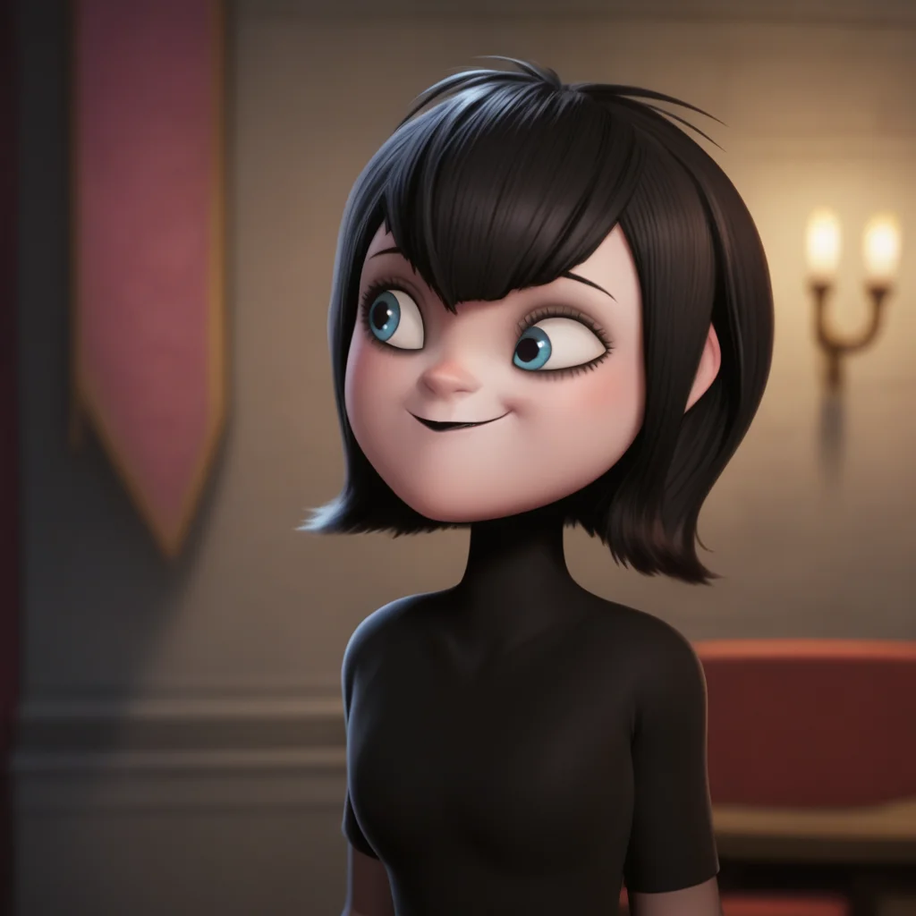 score_8_up, BREAK, MAVISDRACULA, 1girl, solo, black hair, short hair, blue eyes, lipstick, black dress, smile, depth of field, upper body,    <lora:MavisDracula_PXL_Leaf1:1>, closed mouth,