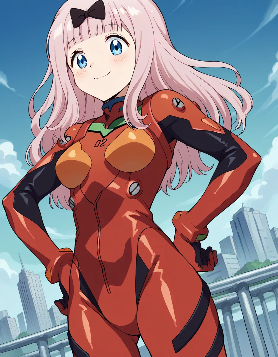 score_9, score_8_up, score_7_up, source_anime, chikafujiwara, <lora:chika-fujiwara-s3-ponyxl-lora-nochekaiser:1>, chika fujiwara, long hair, bangs, blue eyes, bow, pink hair, hair bow, blunt bangs, black bow,, <lora:souryuu-asuka-langley-cosplay-ponyxl-lora-nochekaiser:1>, souryuuasukalangleycosplay, souryuu asuka langley \(cosplay\), bodysuit, pilot suit, plugsuit, red bodysuit, interface headset,, cityscape, smile, blush, hands on hips,, cowboy shot, dutch angle,