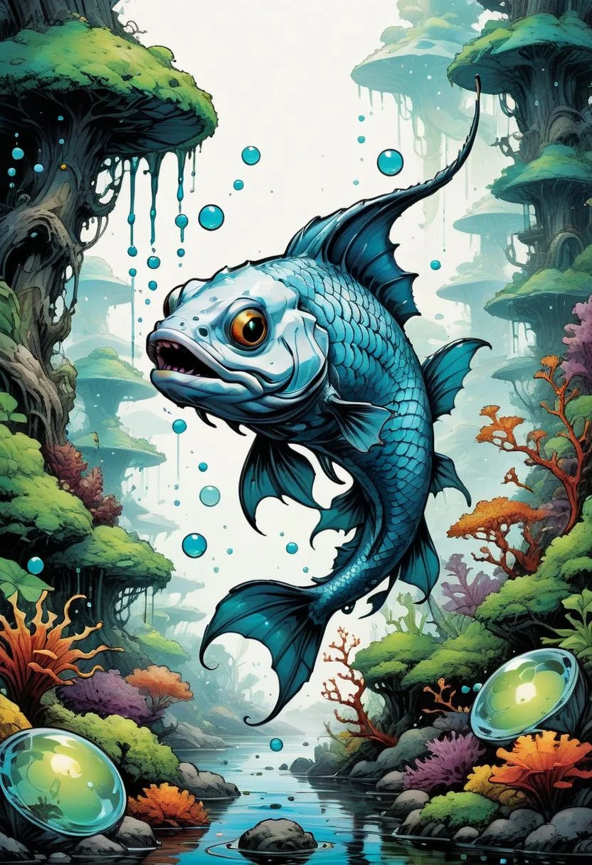 magical dragon fish inside strange ecosystem, minimalistic, illustrative art, ink strokes, ink splashes, magical, immaculate, detailed, white background, intricate, depth of field, deep colors, magical garden filled with slime bubbles