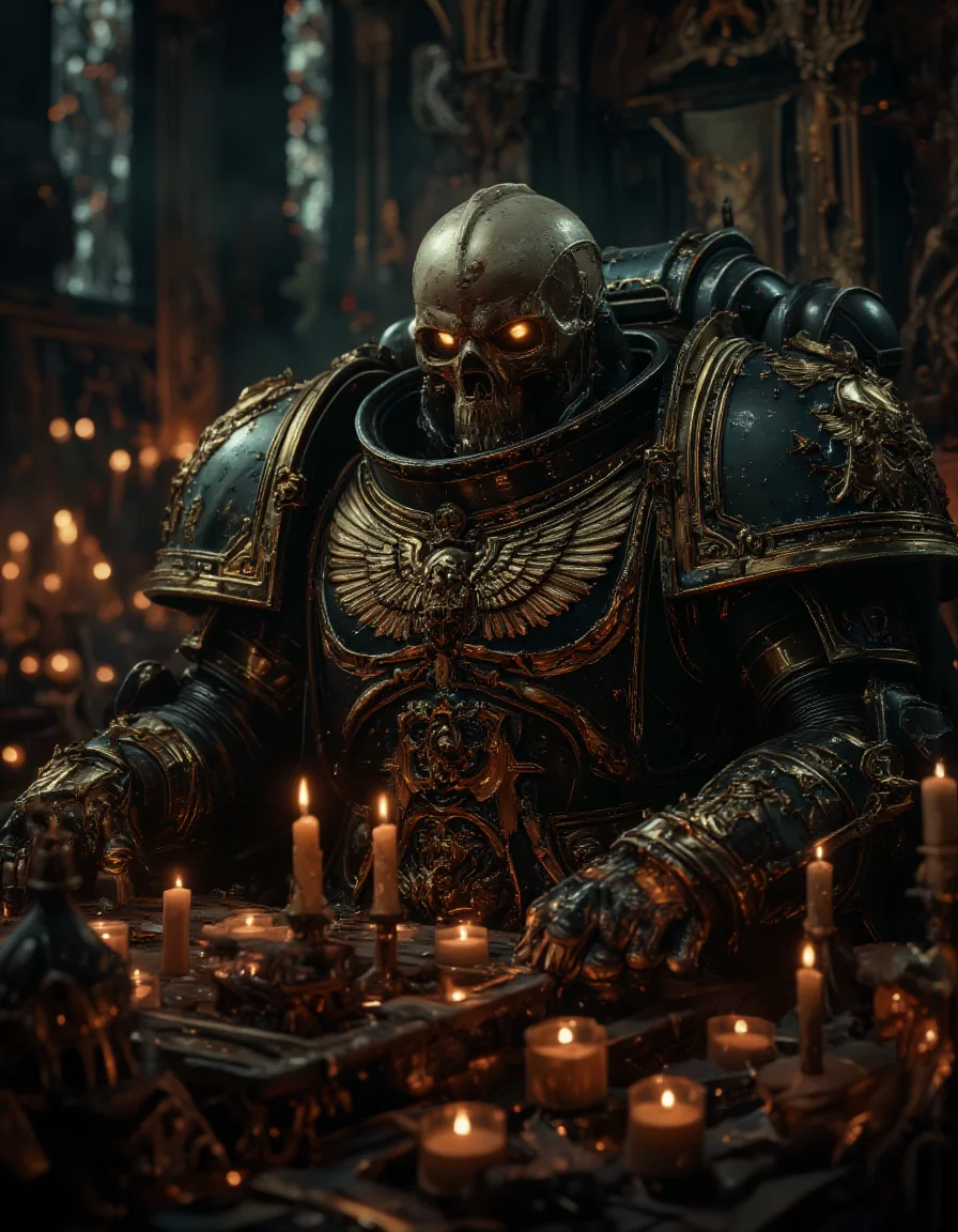 ultrareal close-up photo of a adeptus astartes space marine from Warhammer 40k , skull instead of head, glowing eyes, moody atmospherem many many candles, backgound is churge with beatiful windows <lora:flux_realism_lora:0.9> <lora:Sinfully_Stylish_.02_for_FLUX:0.9> <lora:lora:0.6> <lora:sm2:0.8> <lora:v1v1dr34m:0.9>