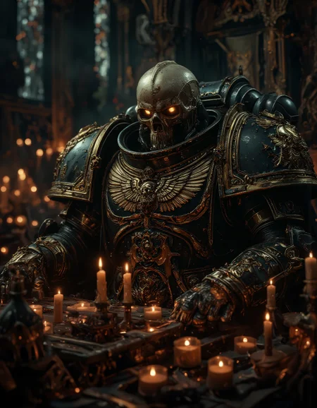 ultrareal close-up photo of a adeptus astartes space marine from Warhammer 40k , skull instead of head, glowing  eyes, moody atmospherem many many candles, backgound is churge with beatiful windows  <lora:flux_realism_lora:0.9>  <lora:Sinfully_Stylish_.02_for_FLUX:0.9>  <lora:lora:0.6> <lora:sm2:0.8> <lora:v1v1dr34m:0.9>