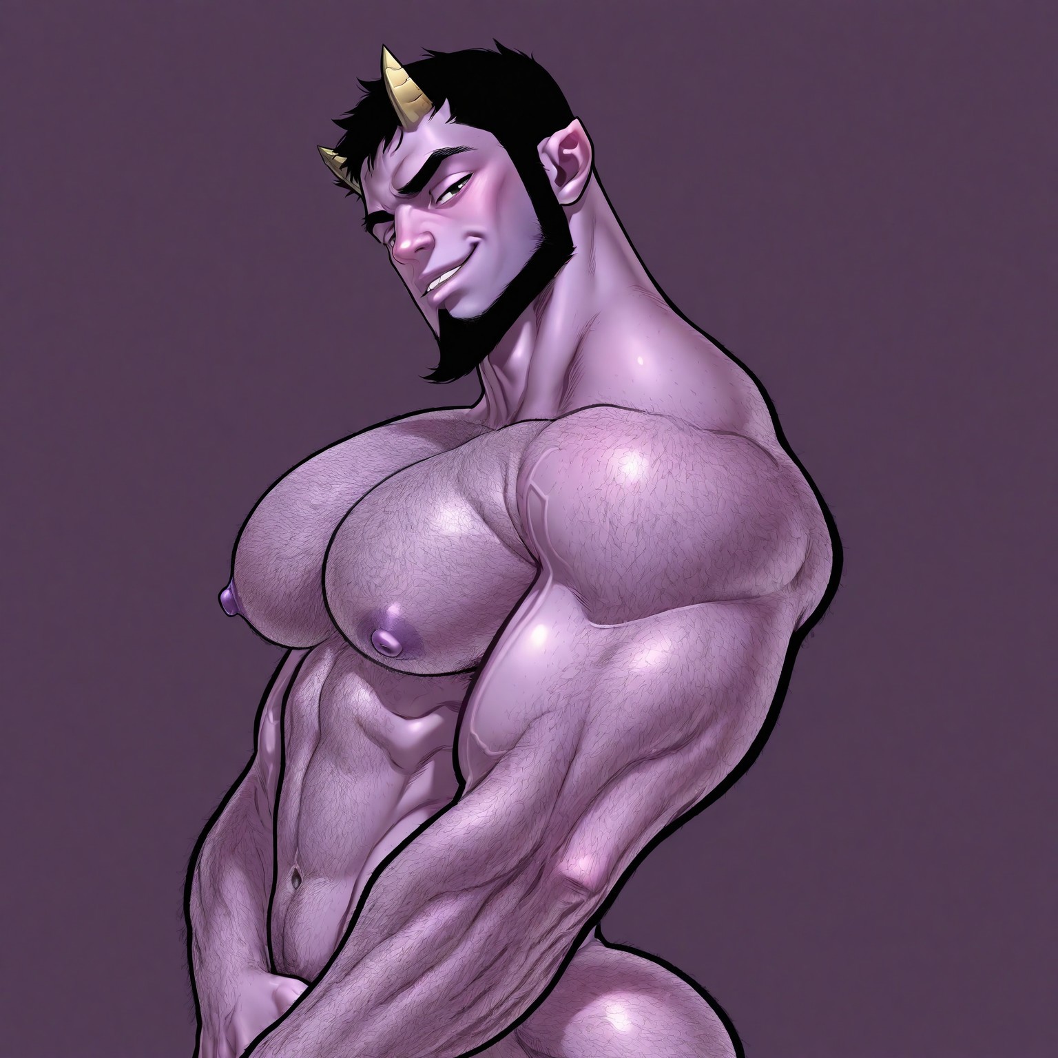 masterpiece, best quality, absurdres, newest, perfect quality, best quality, absolutely eye-catching, detailed background, intricate details, bara, 1boy, male, male focus, solo, mature, purple skin, yellow horns, small horns, black hair, short hair, spiky hair, chinstrap beard, thick eyebrows, hairy, extremely hairy, excessive body hair, hairy arms, hairy chest, hairy shoulders, bara, muscular, large pectorals, large biceps, side view, looking at viewer, smirk, upper body, cowboy shot, naked, purple background, simple background, very awa, best quality, absurdres, newest, perfect quality, detailed background, intricate details, (artist:rokudenashi:0.8), (artist:dizdoodz:0.7), (artist:gomtang:0.6)
