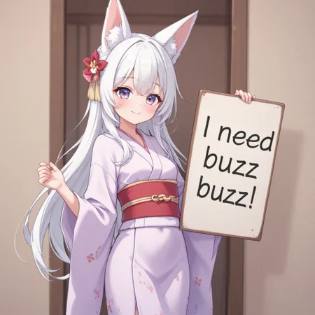 Cute girl with fox ear, white hair, long hair, young woman, small breasts, kimono, smile,  holding board “need_buzz”