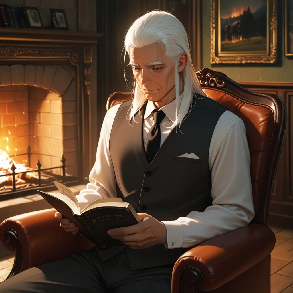 masterpiece, best quality, amazing quality, absurdres, newest, detailed background, definition so sharp, Ultra-HD, 8K cinematic, very awa, impressionate, amazing quality, highres,
solo, male focus, manly,
daikakukokujouji, lieutenant_white hair, lieutenant_brown eyes, 1boy, solo, old man, long hair, holding book, reading, relaxed pose,suit jacket, vest, armchair, fireplace, warm glow, stately, sophisticated, comfortable, peaceful, knowledgeable, content, joyful, gentleman