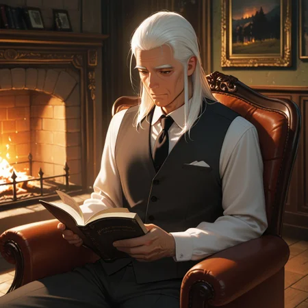 masterpiece, best quality, amazing quality, absurdres, newest, detailed background, definition so sharp, Ultra-HD, 8K cinematic, very awa, impressionate, amazing quality, highres,
solo, male focus, manly,
daikakukokujouji, lieutenant_white hair, lieutenant_brown eyes, 1boy, solo, old man, long hair, holding book, reading, relaxed pose,suit jacket, vest, armchair, fireplace, warm glow, stately, sophisticated, comfortable, peaceful, knowledgeable, content, joyful, gentleman