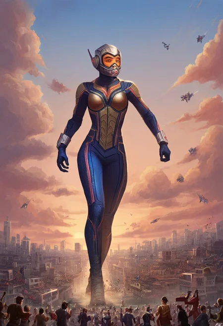 hopevandyne, bodysuit, helmet, goggles, standing on a street, city, crowd, full body image ,sky, clouds, score_9, score_8_up, score_7_up, score_6_up, score_5_up, score_4_up, giantess, extreme size difference, city, elegant pose, sparks, malfunctioning suit, walking
