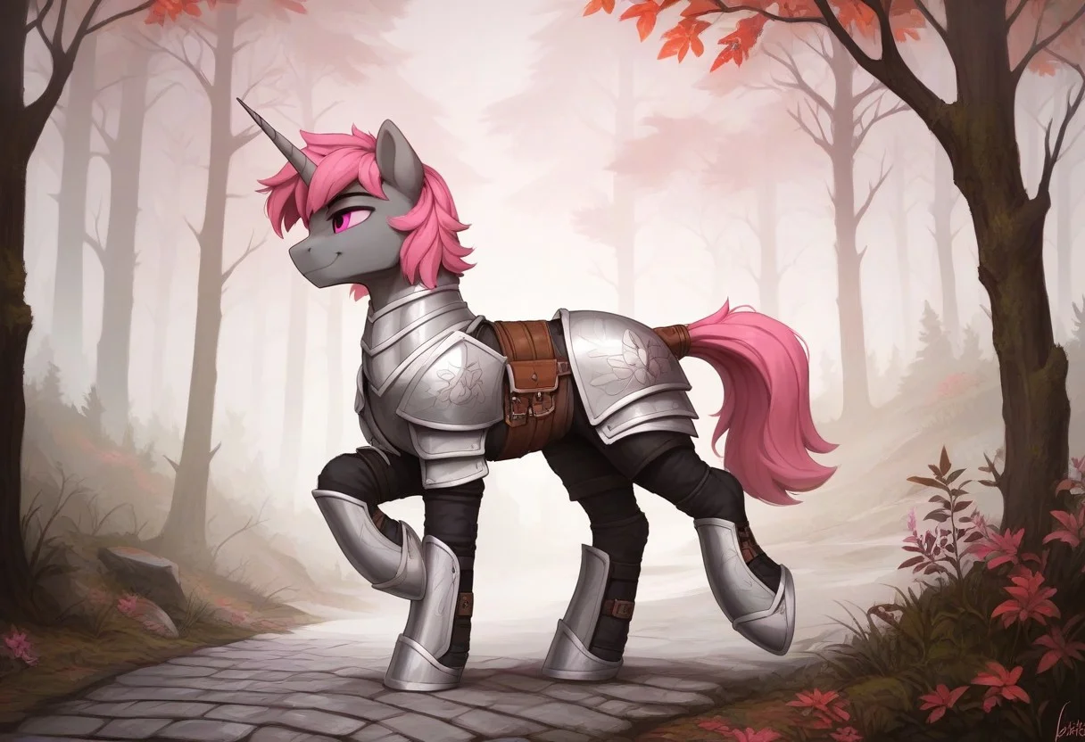 score_9, score_8_up, score_7_up, score_6_up, score_5_up, g4, pony from my little pony friendship is magic, big flanks, anatomically correct, unicorn, unicorn horn, feminine, muscular, large, large frame, fit, sporty body, feminine male, large, tall, big, burly, muscular, male, ash grey body, ash grey fur, hot pink mane and tail, hot pink in mane and tail, short mane, malibu pink eyes,
outdoors, medieval forest, trees, forest, deep forest, fog, foggy, quiet, peaceful, outside, cobblestone path,
Paladin, silver knight armor, silver armor, chainmail, platemail, plate armor, smile, friendly, kind, gentle, soft, friendly, adorable, patrolling, walking, solo, feral