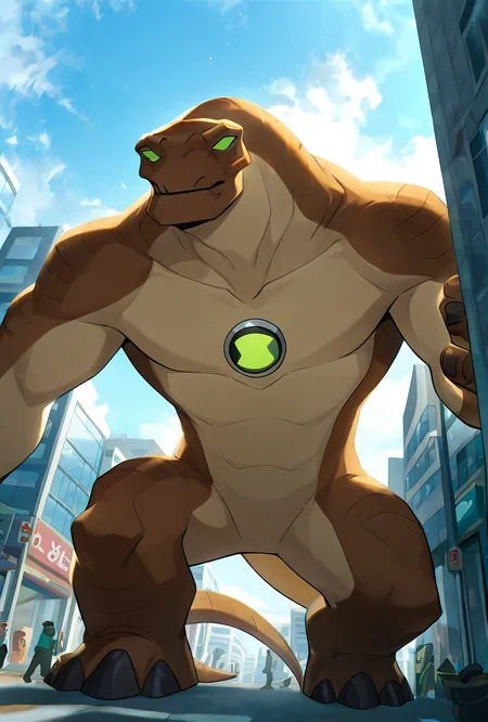 <lora:humungousaur-08:1> humungousaur, dinosaur, 1boy, male focus, solo, green eyes, no humans, brown skin, , green sclera, tail, no pupils, zoomed out view, <lora:WSSKX_WAI:1>, behind buildings, hiding behind buildings, giant sky scrapers, pushing buildings aside, giant,, masterpiece, best quality, amazing quality, very aesthetic, absurdres, newest,