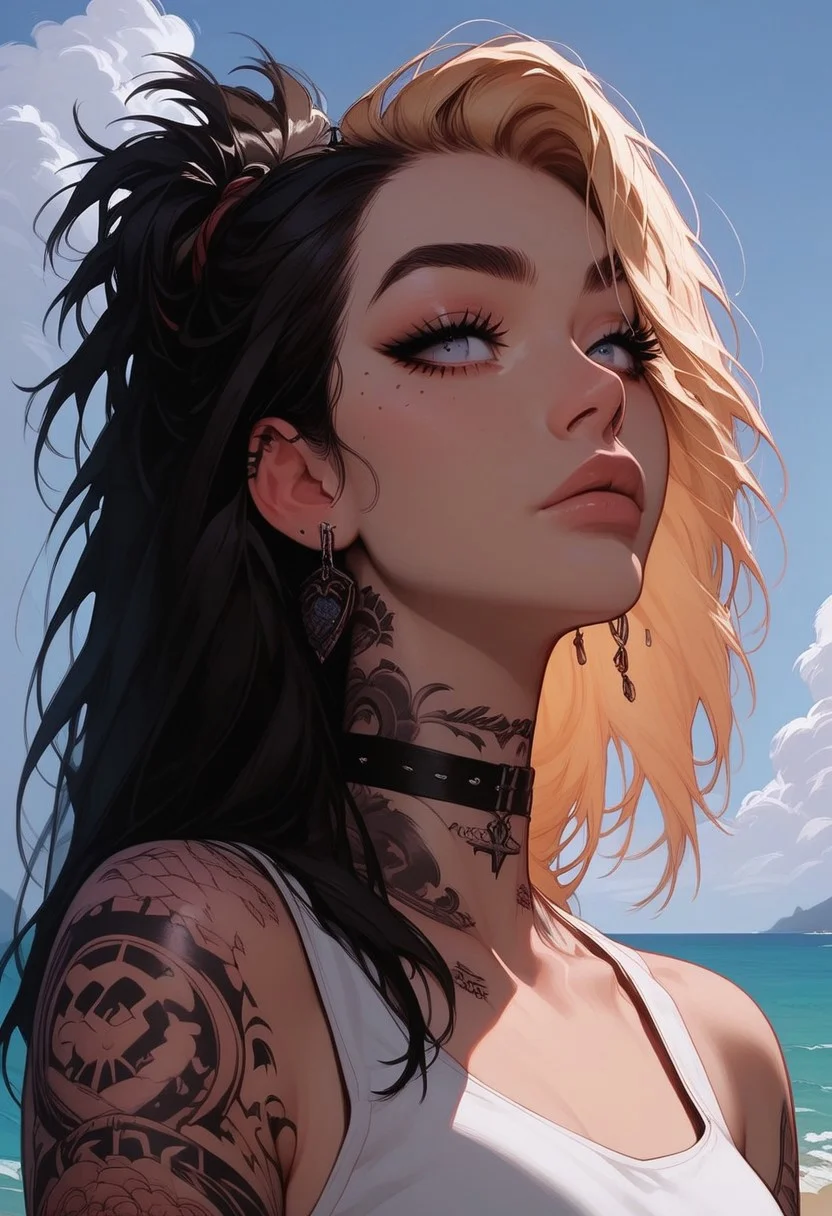 Score_9, Score8_up, Score_7_up, (((High Resolution, Best Quality))),
1girl, solo, Covered in Tattoos, her hand on her head, brushing hair behind ear, black hair, blonde highlight in hair,
Tanktop, cutoff, choker,
On a Cliff overlooking a beach, Cloudy Sky,