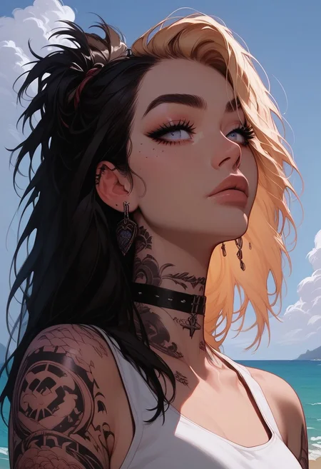 Score_9, Score8_up, Score_7_up, (((High Resolution, Best Quality))), 
1girl, solo, Covered in Tattoos, her hand on her head, brushing hair behind ear, black hair, blonde highlight in hair, 
Tanktop, cutoff, choker, 
On a Cliff overlooking a beach, Cloudy Sky,