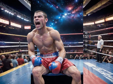 triptych, (closeup:2.0) closeup of a sweaty boxer, sitting in the corner of a boxing ring, at a giant stadium with an audience and spotlights, in outer space with a nebula and giant planets, saturn and uranus, in 2010 <lora:Triptych:1>