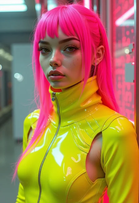 The image is a high-resolution, highly detailed CGI rendering featuring a young woman with a striking, futuristic aesthetic. She has long, vibrant pink hair with straight bangs and is dressed in a neon yellow jumpsuit that contrasts sharply with her hair and the surrounding environment. Her outfit is sleek and form-fitting, accentuating her slender figure. She wears a high-collared, intricate, high-tech-looking jacket with a geometric pattern, adding to the futuristic theme.