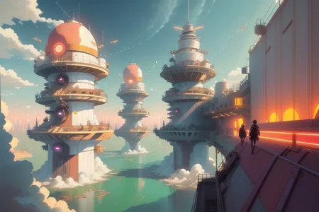 scifi fantasy, painterly concept-art, floating/hovering skydock, part of an astropunk manufacturing facility, where they produce commercial starships, up in the stratosphere, daytime, outdoors, cloudscape, implied scale, implied height, minimalist, [flat vector digital wallpaper style], high resolution, pastel hues, [orange, pearl white, pink, ochre, onyx, cobalt], neon lighting strips,