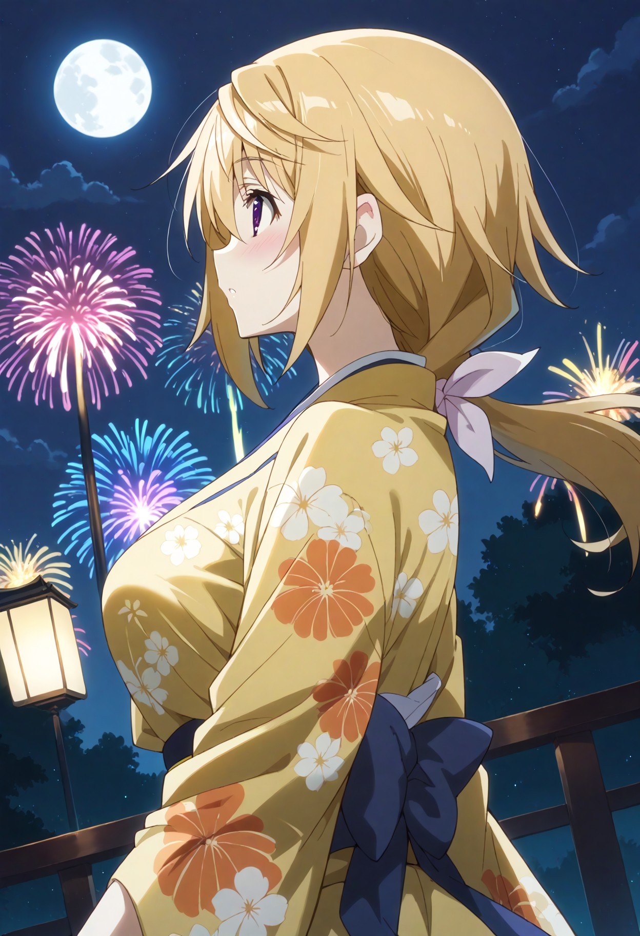 score_9, score_8_up, score_7_up, source_anime, masterpiece, best quality,perfect anatomy,rating_sage,charl, other,yellow flower print kimono,large breasts,blush,tareme,drooping eyes,shiny skin,outdoors,night,moon,fireworks,starry sky,,dynamic angle,dutch angle,solo focus,side view <lora:charl.pony:1>