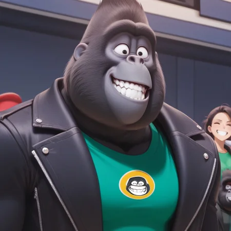 Johnny_sing, teeth, bust shot, grin, Green shirt, Black jacket, half, tired, gorilla, face shot, detailed teeth, solo